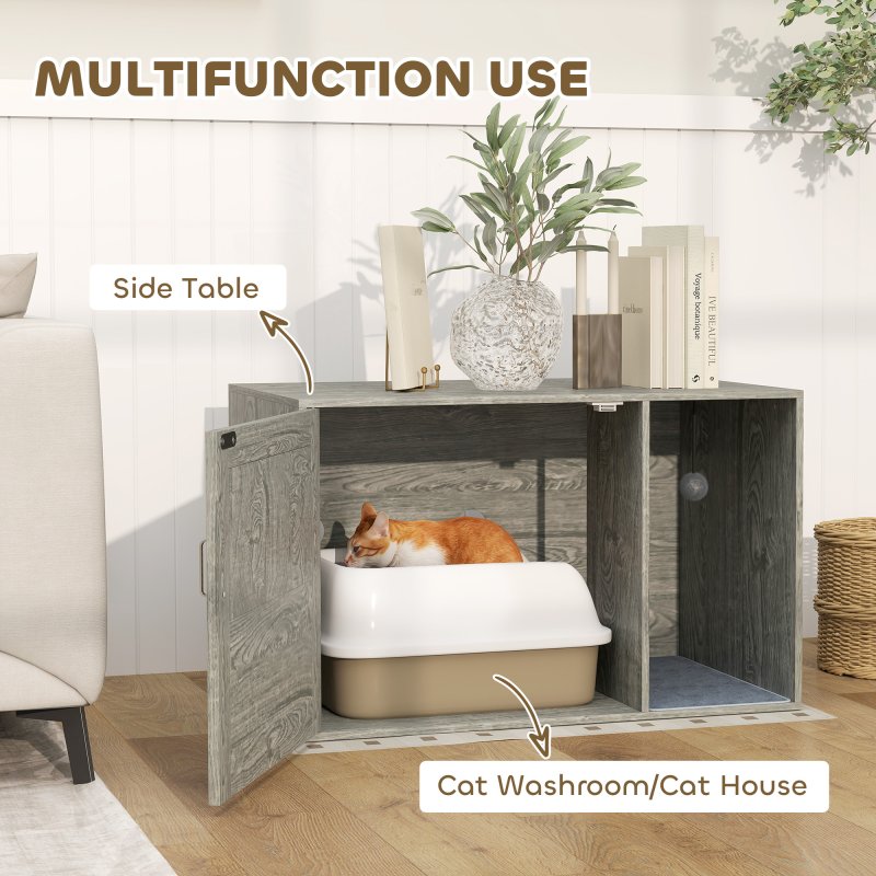 PawHut Cat Litter Box Enclosure with Rattan Door, Boho Style Hiddern Litter Box Furniture, Cat House End Side Table with Scratching Mat, Toy Ball, Non-slip Foot Pads, 80 x 50 x 50cm, Grey