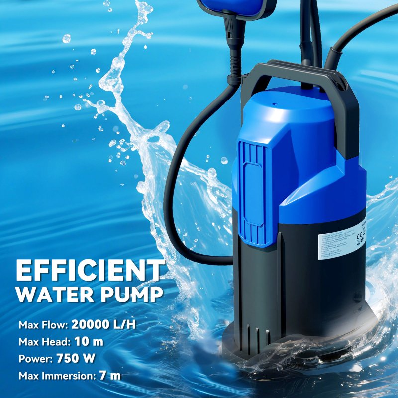 Outsunny 750W Submersible Water Pump for Dirty/Clean Water, 20000L/H Electric Sump Pump with Float Switch, Drain Water from Garden Pond, Hot Tub, Ditches, Portable and Lightweight