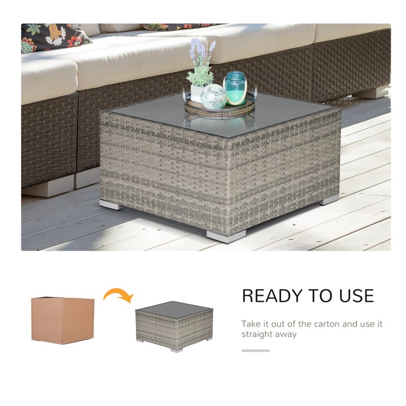 Outsunny Rattan Garden Coffee Table, 65 cm Square Garden Rattan Table with Tempered Glass Top, All-Weather Wicker Bistro Outdoor Furniture for Patio, Balcony, Porc, Grey