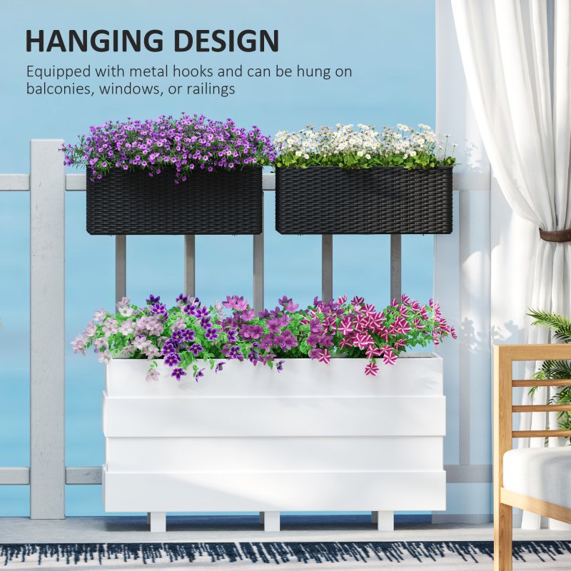 Outsunny Set of 2 Hanging Flower Boxes, 50 cm Long, Rattan Look Flower Pot with Drainage Holes and Hooks, Railing Box for Fence Balcony Garden
