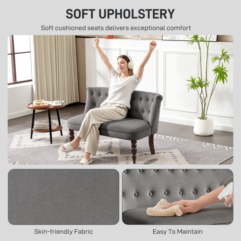 HOMCOM Loveseat with Wood Frame, Compact 2 Seater Sofa, Button Tufted Chaise Lounger with Carved Legs, Vintage Design for Bedroom Living room, Charcoal Grey