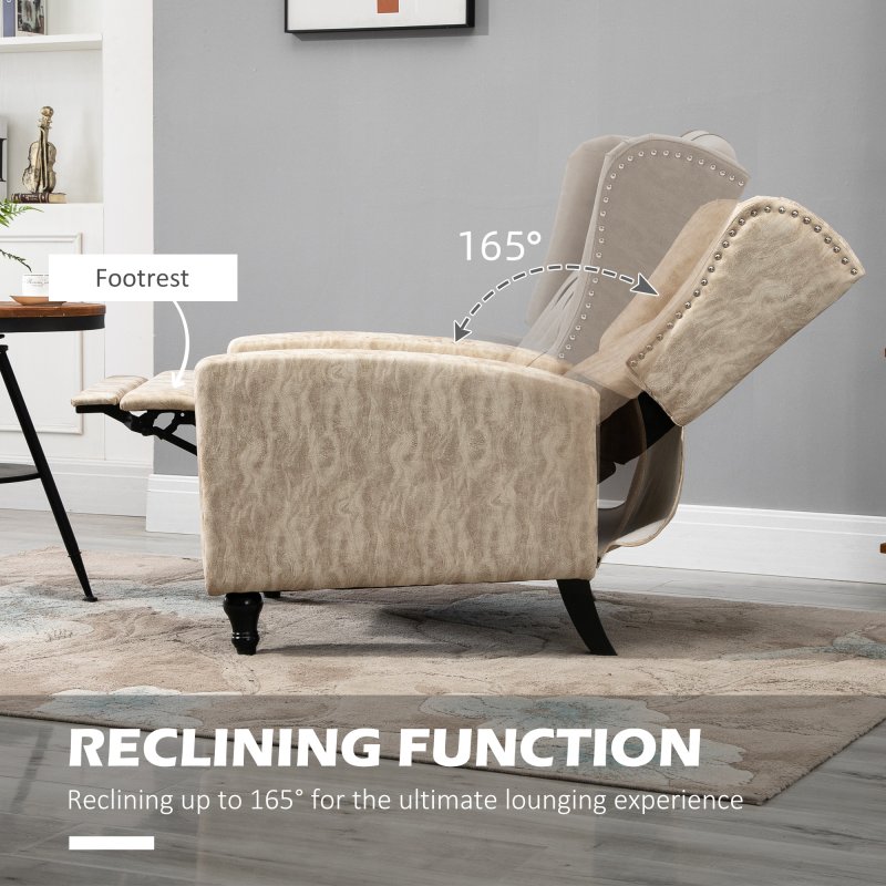 HOMCOM Manual Reclining Armchair with Footrest, Marble Effect Vintage Recliner Chair with Nail Head Trim, Button Tufted Wing Back and Wood Legs, Beige