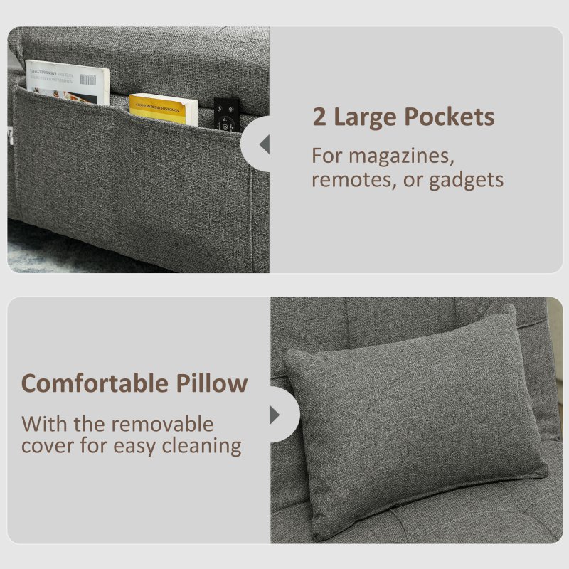 HOMCOM 4-in-1 Sofa Bed, Convertible Sleeper Chair Bed with Adjustable Backrest, Fabric Pull Out Chaise Lounge with Pockets for Living Room, Bedroom, Home Office, Small Space, Charcoal Grey