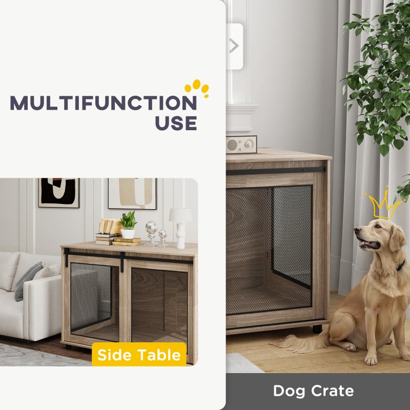 PawHut Dog Crate Furniture, Dog Cage End Table with Sliding Door, Pet Kennel for Extra Large Breeds, 118 x 75.5 x 82cm, Walnut Brown