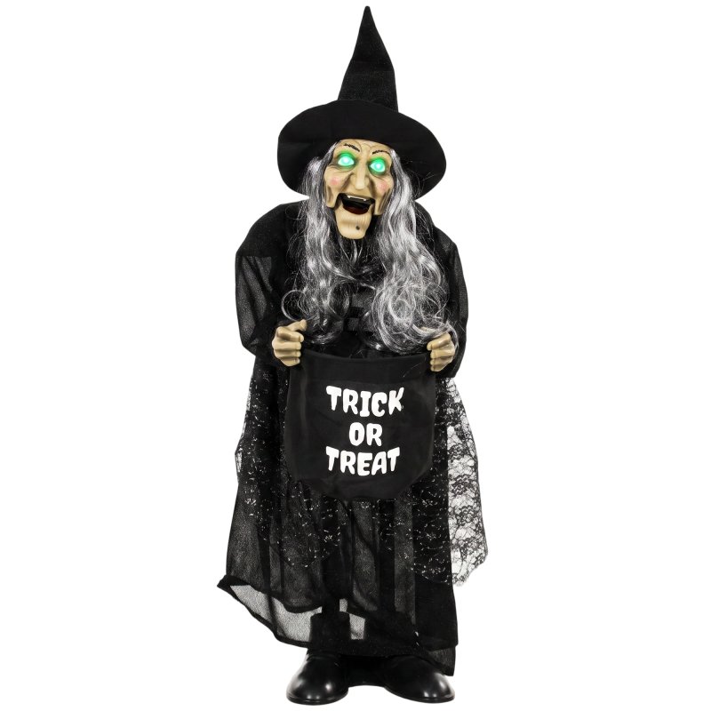 HOMCOM 94cm Animated Witch Halloween Decorations Outdoor Indoor, Scary Halloween Animatronics Decor with Sound Touch Activated, Candy Bag Prop with Light Up Eyes for House Garden Party