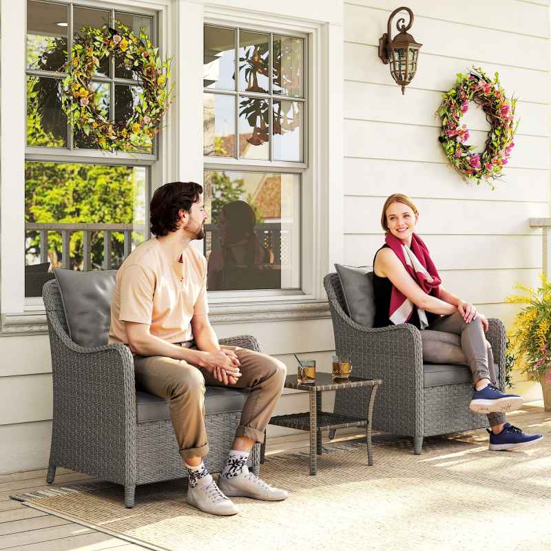 Outsunny Rattan Garden Chairs Set of 2, Outdoor Rattan Chairs with Cushions, Armrests and High Back, PE Wicker Garden Armchair with Steel Frame for Balcony, Porch, Dark Grey