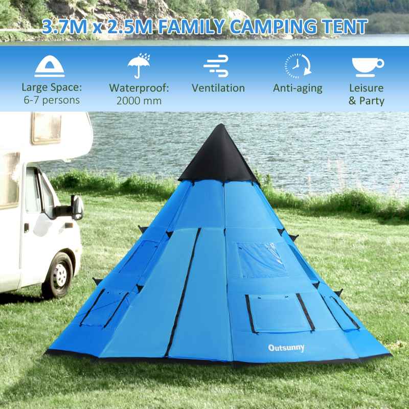 Outsunny 6 Men Tipi Tent, Camping Tent with Mesh Windows, Sewn-in Floor, Two Doors and Carry Bag, Easy Set Up, for Hiking Picnics Outdoor Night, Blue
