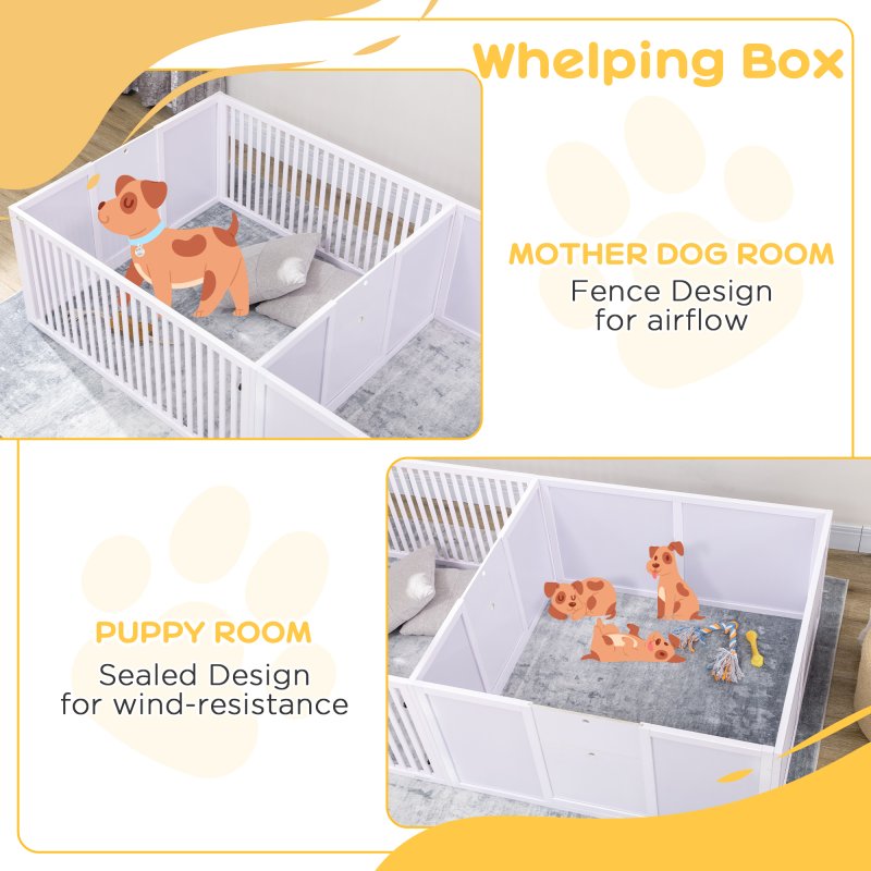 PawHut Whelping Box for Dogs, 2m x 1m Whelping Pen for Indoors, Pet Playpen with Three Doors, Two-Room Design