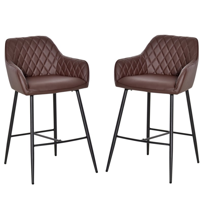 HOMCOM Set of 2 Bar stools Retro PU Leather Bar Chairs w/ Footrest Metal Frame Comfort Support Stylish Dining Seating Home Brown