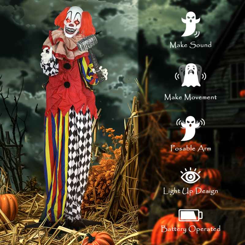 Outsunny 173 cm Life Size Halloween Animated Standing Clown & Hammer with Red Light Up Eyes, Sound Activated Moving Arms & Head, Scary Clown Halloween Decorations, Battery Operated, Indoor Party Props