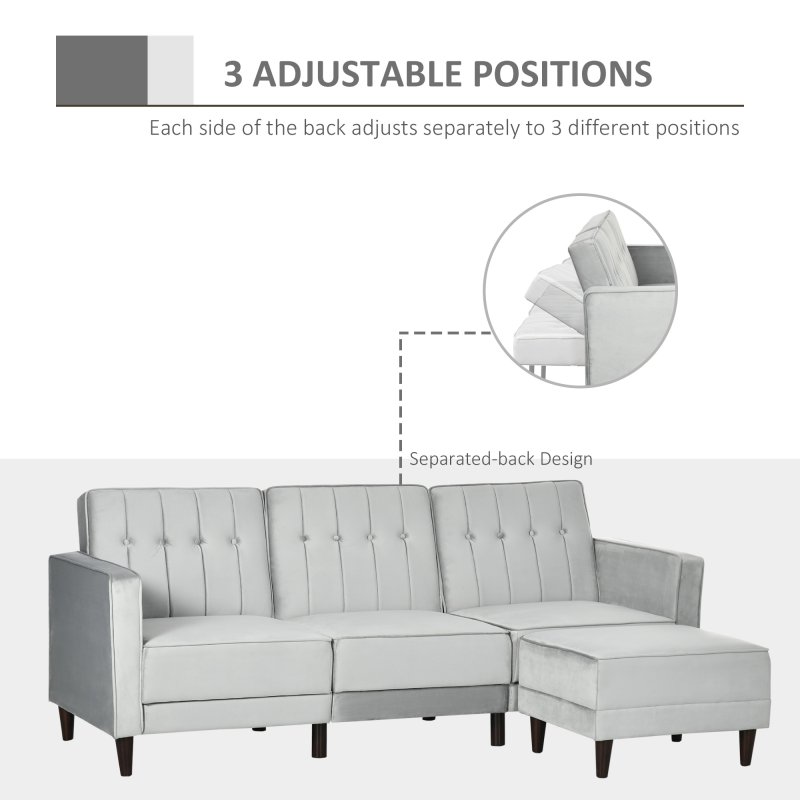 HOMCOM Corner Sofa Bed Reversible 3-Seater Sectional Sofa Set Velvet-Touch Sleeper Futon with Footstool, Light Grey