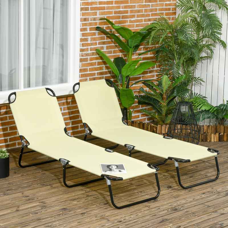 Outsunny Folding Sun Loungers Set of 2, Outdoor Day Bed with 5-Position Adjustable Backrest, Portable Recliner Garden Chairs with Breathable Mesh for Beach, Patio, Beige