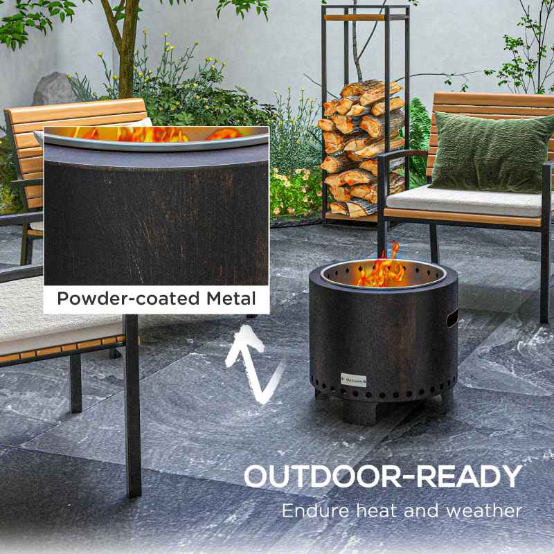 Outsunny Smokeless Fire Pit, 45cm Portable Wood Burning Firepit with Poker, Stainless Steel Liner for Garden Camping Bonfire Party, Metal, Black