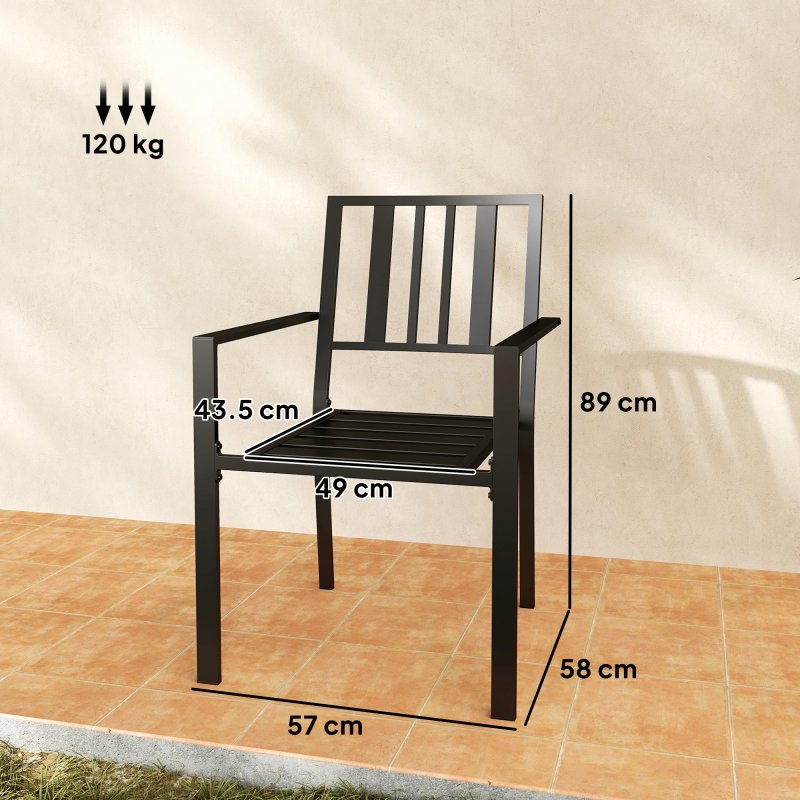 Outsunny Set of 2 Garden Chairs, Stackable Outdoor Chairs with Metal Slatted Seat & Backrest, for Yard, Garden, Black