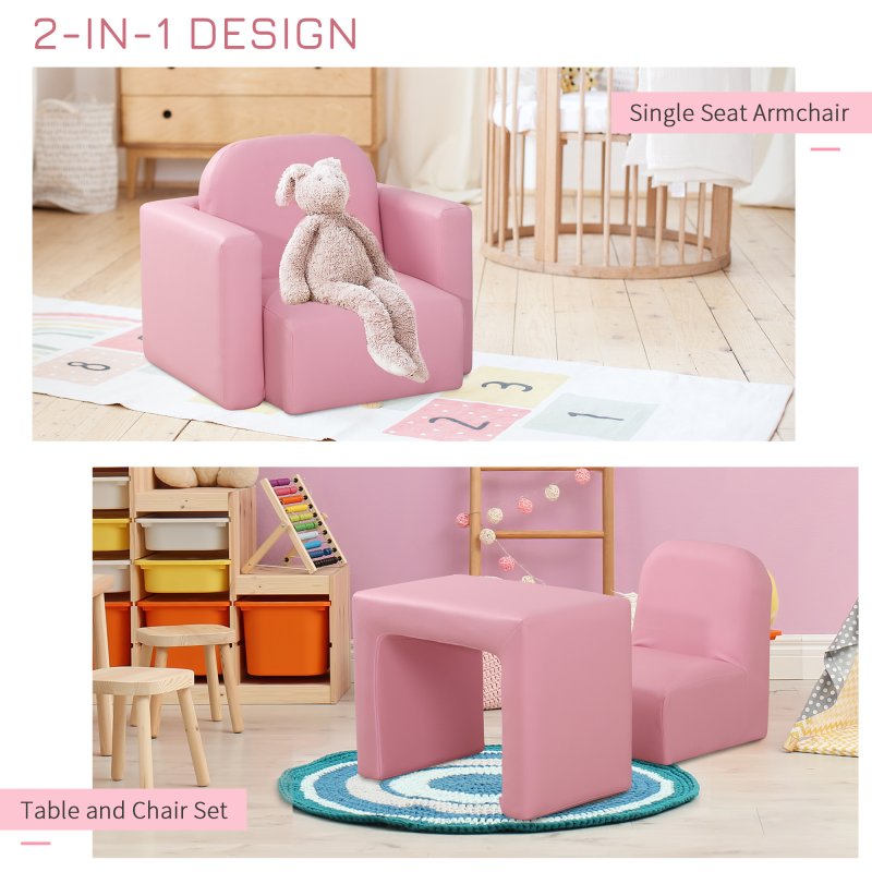 HOMCOM Kids Armchair Toddler Sofa Children's Chair, 2 in 1 Kids Table Chair Set with Wooden Frame, for 3 Years Old Girls Pink