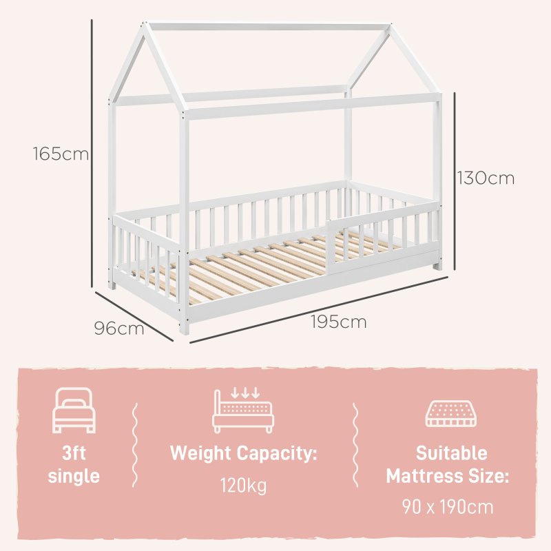 HOMCOM House-Shaped Kids Bed Frame, Solid Pine Wood Single Bed Frame with Safety Fence for Kids Boys and Girls, White