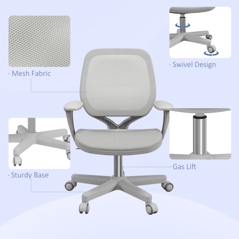 Vinsetto Office Chair, Breathable Mesh Swivel Desk Chair with Adjustable Height and  360 Degree Swivel Security Wheels for Home Office, Study, Grey