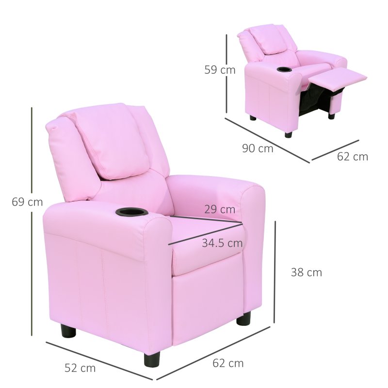 HOMCOM Kids Recliner, PU Leather Kids Armchair, Child Chair, Toddler Armchair with Adjustable Backrest, Footrest, Padded Headrest, Cup Holder, Pink