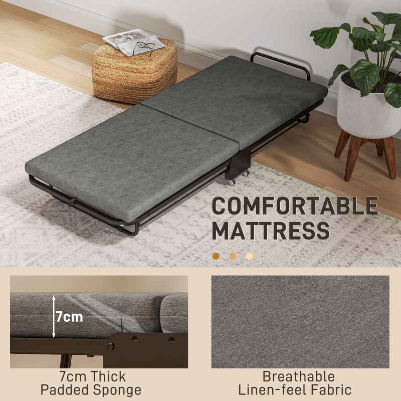HOMCOM Folding Bed with Mattress, Foldable Guest Bed on Wheels, Portable Single Bed with 7cm Mattress, 188 x 76cm, Grey