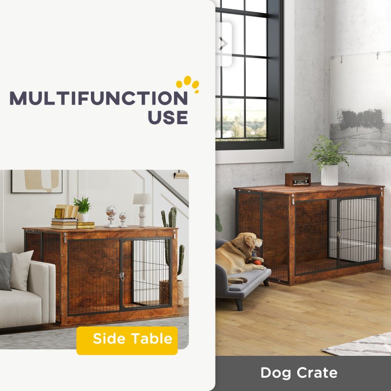 PawHut Dog Crate Furniture, Dog Cage End Table with Openable Top, Two Lockable Doors, for Extra Large Pets, 118 x 75 x 77cm, Rustic Brown