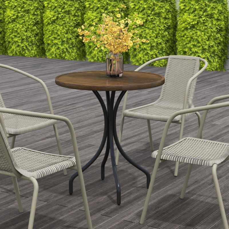 Outsunny 66cm Garden Side Table, Round Bistro Coffee Table, Outdoor Patio Table with Steel Frame and Slat Tabletop for Balcony and Porch, Brown Wood Grain