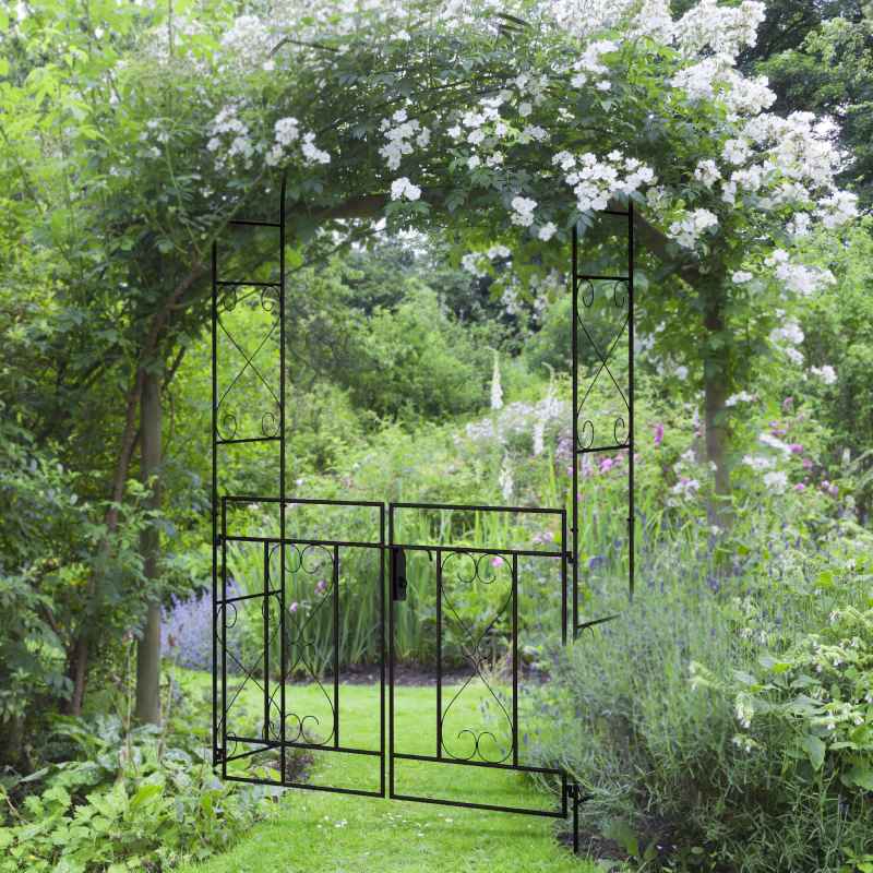 Outsunny Outdoor Garden Arch with Double Gates, Metal Garden Arbor for Climbing Plants, Roses, Vines, Wedding Arch for Outdoor, 114L x 36W x 232H cm, Black