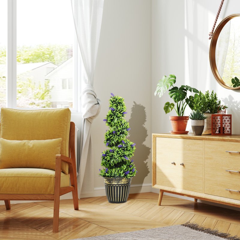 HOMCOM Set of 2 Decorative Artificial Plants, Boxwood Spiral Topiary Tree with Lavender and Pot, Fake Plants for Home Indoor Outdoor Decor, 90cm