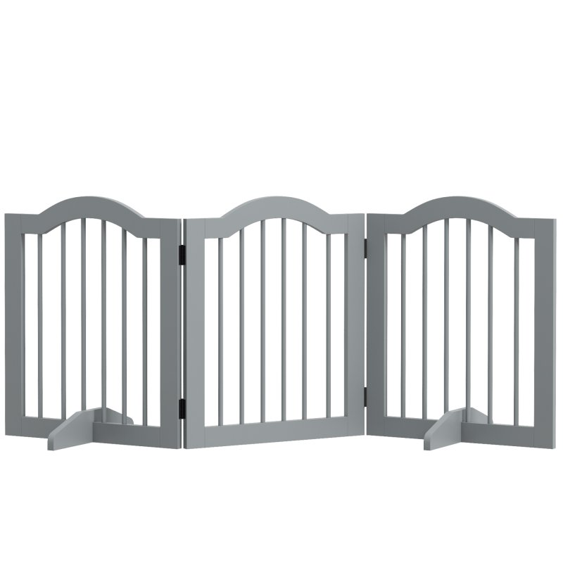PawHut Freestanding Pet Gate Wooden Dog Gate with Support Feet Foldable Pet Fence Safety Barrier for the House Doorway Stairs Light Grey