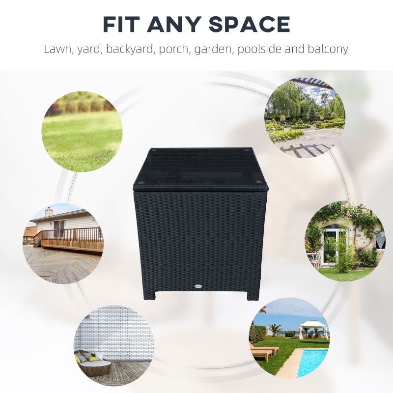 Outsunny Patio PE Rattan Side Table, Square Outdoor Coffee Table w/ Tempered Glass Top, Black