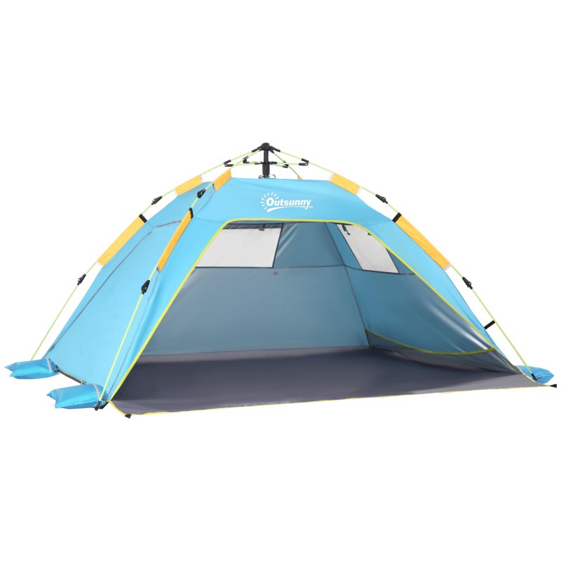 Outsunny 2 Man Pop-up Tent Beach Tent Sun Shelter w/ Windows Doors Hook Sandbags UV Protection Waterproof Outdoor Adventure Garden, Light Blue