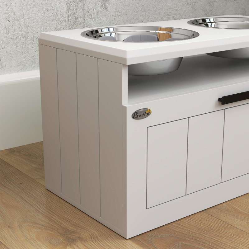 PawHut Raised Dog Bowl, Elevated Pet Bowls with Slow Feeder, Two Stainless Steel Bowls, Drawer, for Large & Extra Large Dogs, White