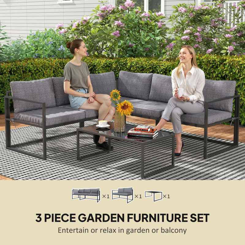Outsunny 3 Piece L Shaped Garden Furniture Set with Cushions, Garden Corner Sofa Set with 3-Seater Sofa, Loveseat and Tempered Glass Top Table for Outdoor, Grey