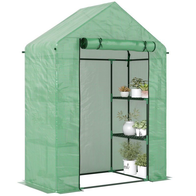 Outsunny Walk In Greenhouse with Shelves, Portable Gardening Plant Grow House for Outdoor with 2 Tier Shelf, Roll-Up Zippered Door, PE Cover, 141 x 72 x 191cm, Green