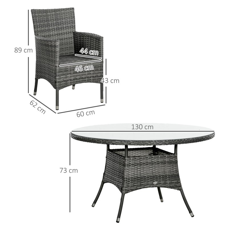 Outsunny 7-Piece PE Rattan Garden Furniture Set, Wicker Outdoor Dining Set with Cushions, Umbrella Hole & Round Glass Top Table, 6 Seater Garden Table and Chairs for Patio, Balcony, Mixed Grey