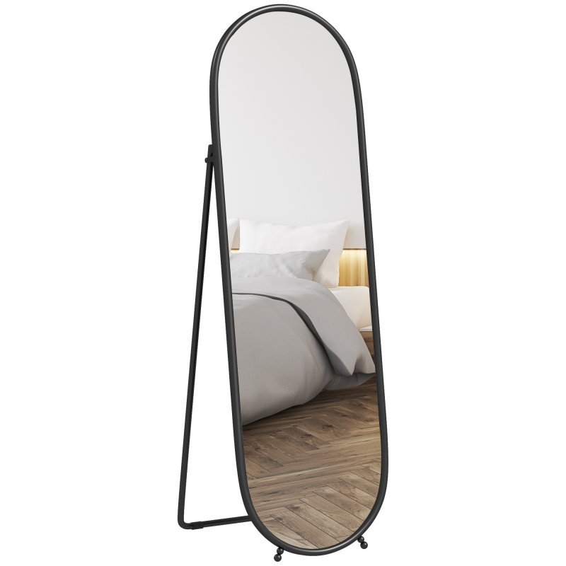 HOMCOM 40 x 160cm Full Length Mirror, Floor Standing or Leaning Against Wall Tall Mirror with Support Frame, Oval Full Body Mirror for Bedroom, Living Room, Black