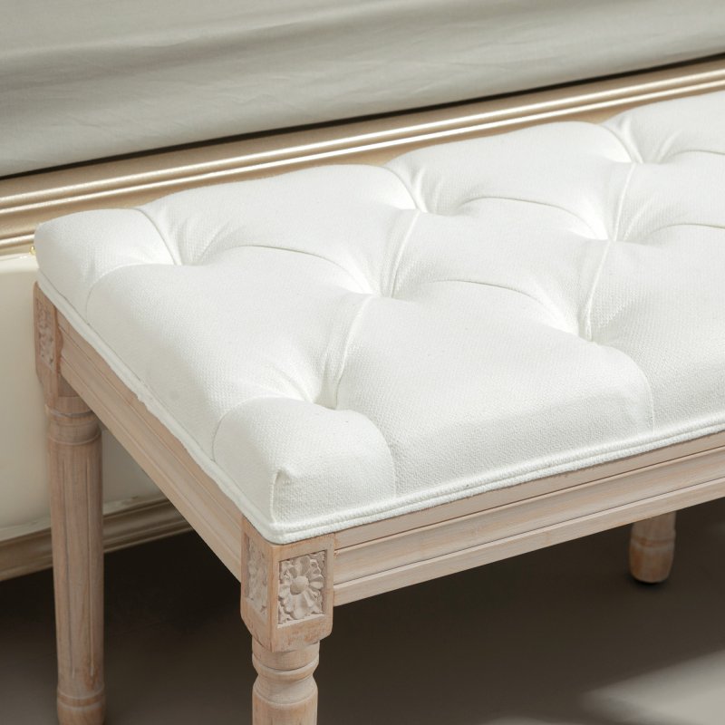 HOMCOM Bedroom End of Bed Bench, 117cm French Vintage Bench with Thick Padding and Wood Legs, Button Tufted Bench for Entryway Living Room Bedroom Decor, Cream White