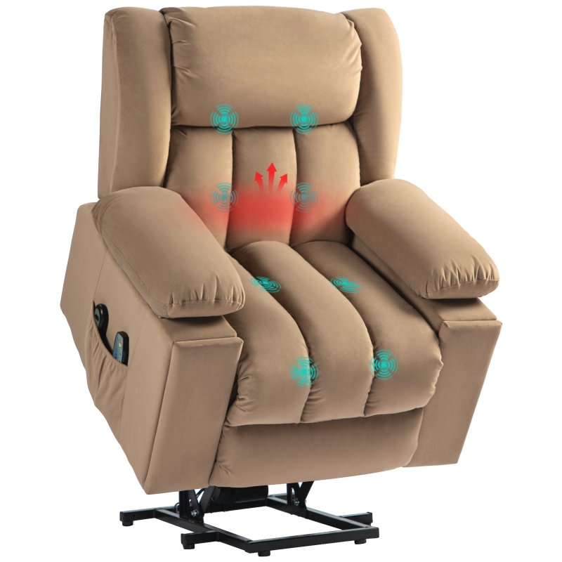HOMCOM Power Lift Recliner Chair with Vibration Massage and Heat, Electric Lift Chair for Elderly, Overstuffed Fabric Riser and Reclining Armchair with USB Ports, Cup Holders, Light Brown