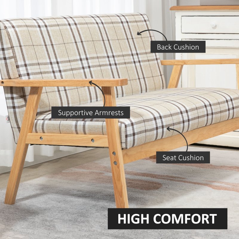 HOMCOM Modern Two Seater Sofa for Living Room, Linen Fabric Small Couch with Rubber Wood Frame, Armrests, Lattice Pattern, Upholstered Loveseat, Beige