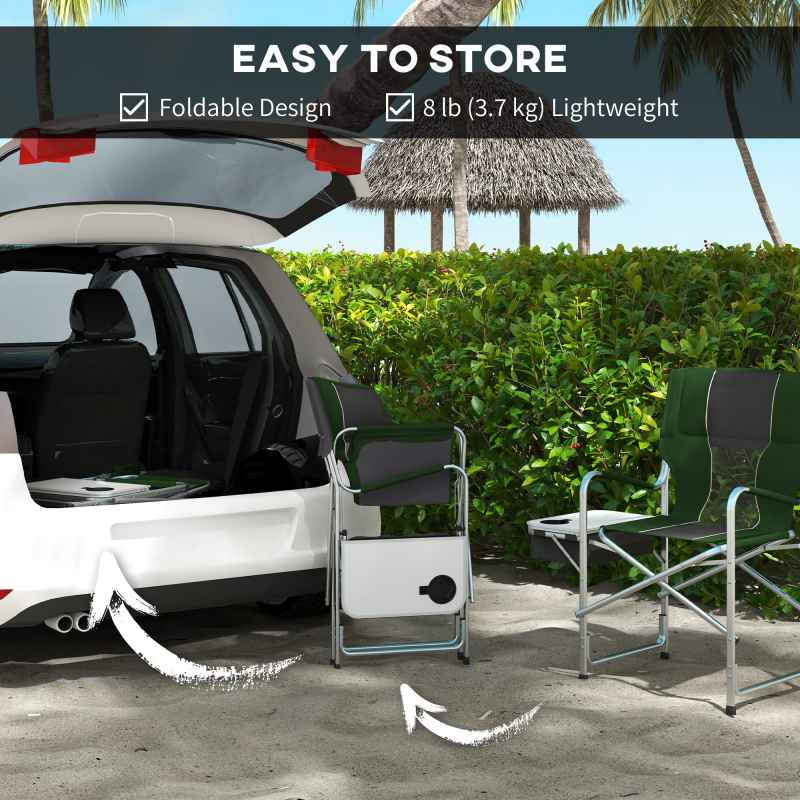 Outsunny Aluminium Directors Chair, Folding Camping Chair for Adults with Side Table, Cup Holder, Cooler Bag and Pocket, Up to 120 kg, Green
