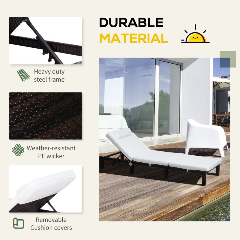 Outsunny Rattan Sun Lounger, 5-Level Adjustable Garden Lounger Recliner with Cushion and Headrest, Outdoor Reclining Sunbed, Steel Frame Garden Chair for Patio, Beach, Terrace, Cream White