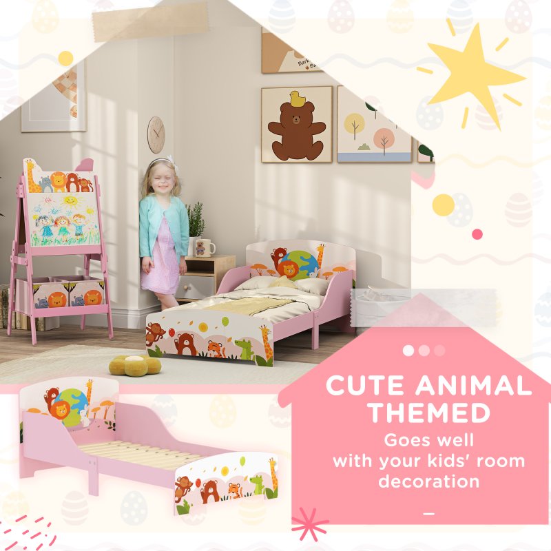 AIYAPLAY Toddler Bed, Cute Animal-Themed Kids Bed Frame with Safety Rails, Kids Bedroom Furniture, 143 x 77 x 60cm, Pink