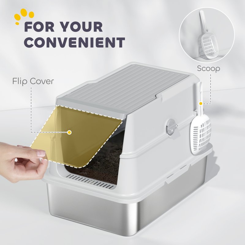 PawHut Stainless Steel Cat Litter Tray, Extra Large Enclosed Litter Box for Large Cats with Scoop, Flip Top, Easy Cleaning, Light Grey