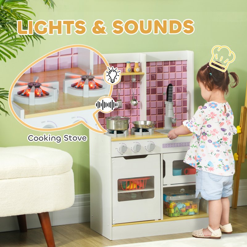 AIYAPLAY Kids Play Kitchen, Pretend Play Kitchen with Realistic Over, Stove, Sink, Kitchen Accessories, Cooking Playset with Light, Sound, for Ages 3+ Years, White
