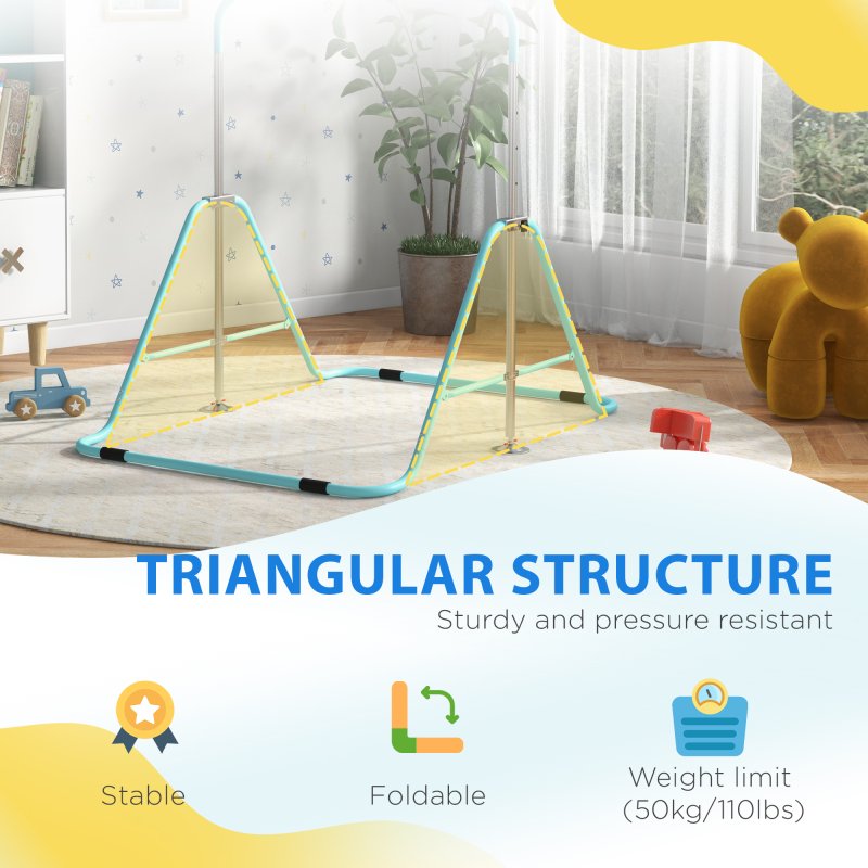 HOMCOM Kids Gymnastic Bar, Foldable Horizontal Bars w/ Adjustable Height, Training Bar w/ Triangle Base - Light Blue