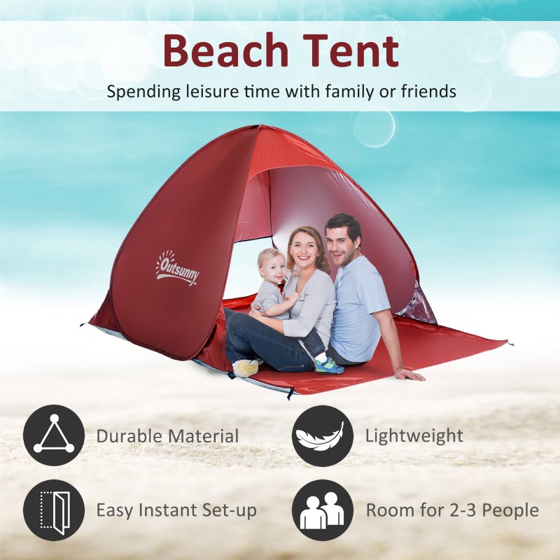 Outsunny Pop up Beach Tent, UV 30+ Portable Sun Shelter with Carry Bag, 2x1.5m for 2-3 Person, Red