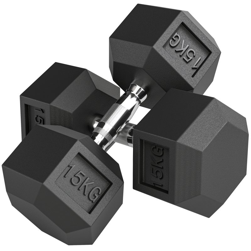 HOMCOM 2x15KG Rubber Hex Dumbbell Portable Hand Weights Dumbbell for Home Gym Workout Fitness