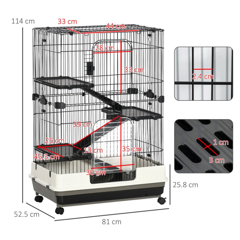 PawHut 4-Level Small Animal Cage, Indoor Bunny House, for Ferrets, Chinchillas w/ Wheels, Slide-Out Tray, Black, 81 x 52.5 x 114 cm