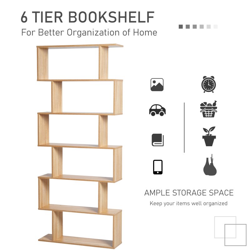 HOMCOM Bookcase, 6 Tier Shelf S Shaped Bookshelf, Storage Unit, Display Shelf for Living Room, Bedroom, Home Office, Plant