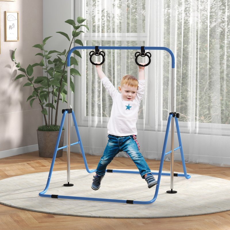 HOMCOM Kids Gymnastics Bar, Horizontal Bar for Kids, Adjustable Height Folding Gymnastics Equipment with Gymnastic Rings, Non-slip Rubber Floor Rings, for Home, Flat, Blue