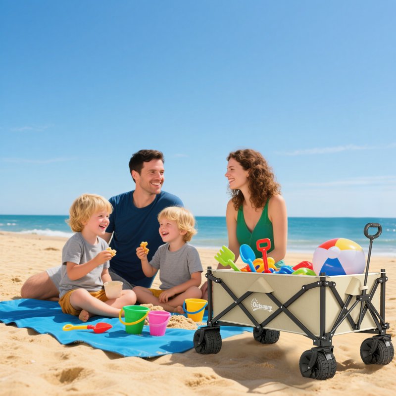 Outsunny 110L Festival Trolley on Wheels, Folding Camping Trolley Cart with Telescopic Handle, Carry Bag and All-Terrain Big Wheels, for Garden, Beach, Fishing, Black, Khaki